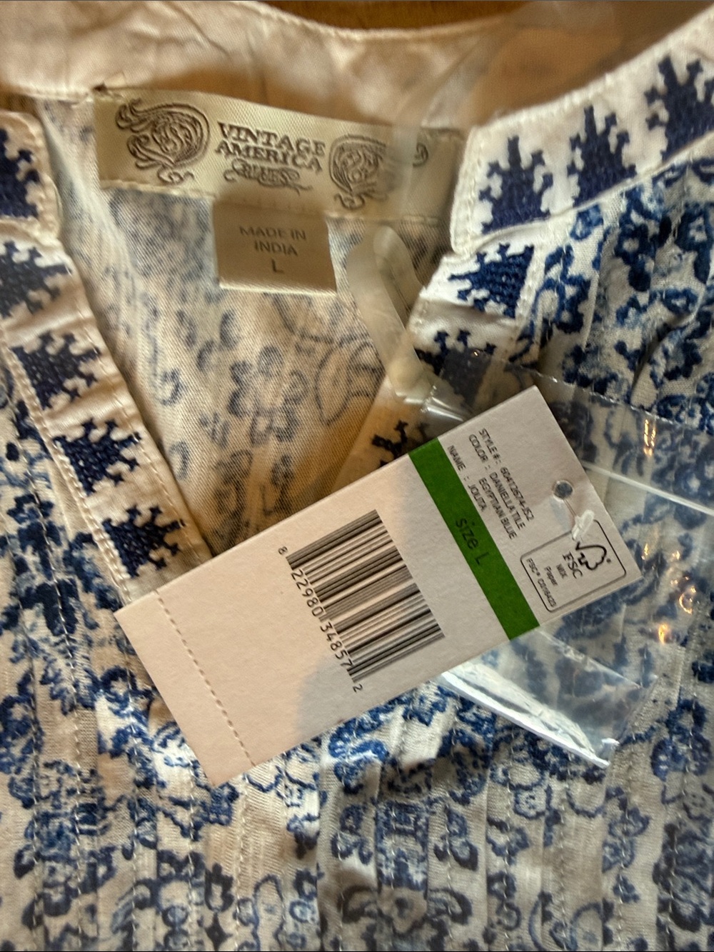 Vintage America Blue and White Printed Peasant Top - Picture 4 of 6